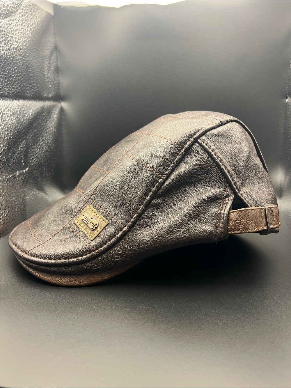 Men's Brown Leather Flat Cap with Adjustable Strap